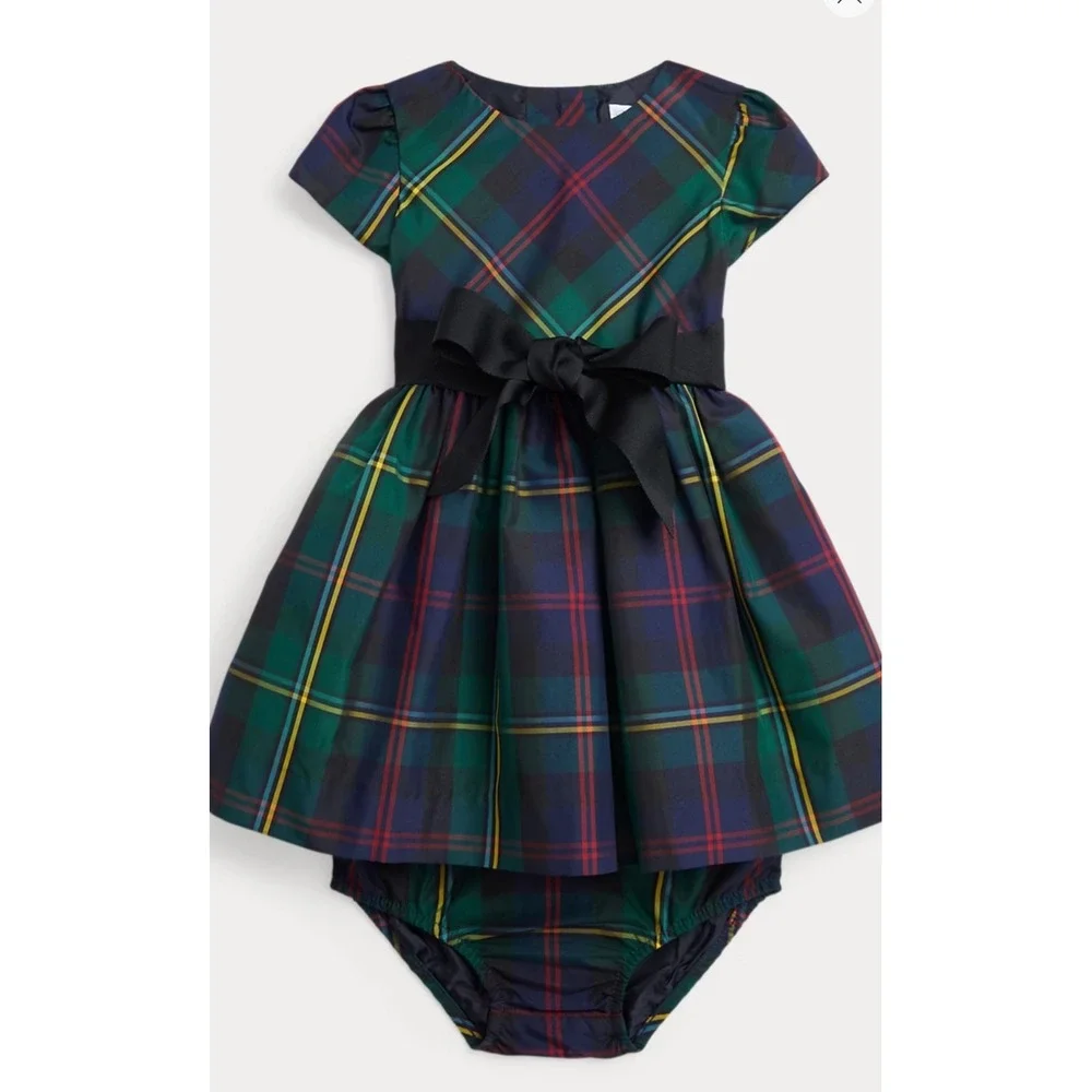 Ralph Lauren Plaid Dress Kids 9M Green Holiday Tartan 2-Piece Set